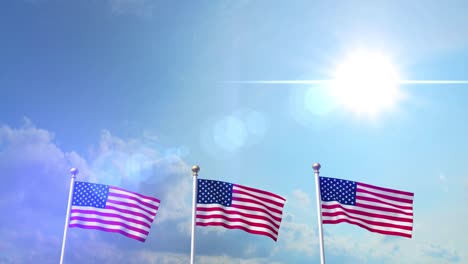 USA-US-3-American-Flags-Waving-Against-Blue-Sky-CG-Flare-4K